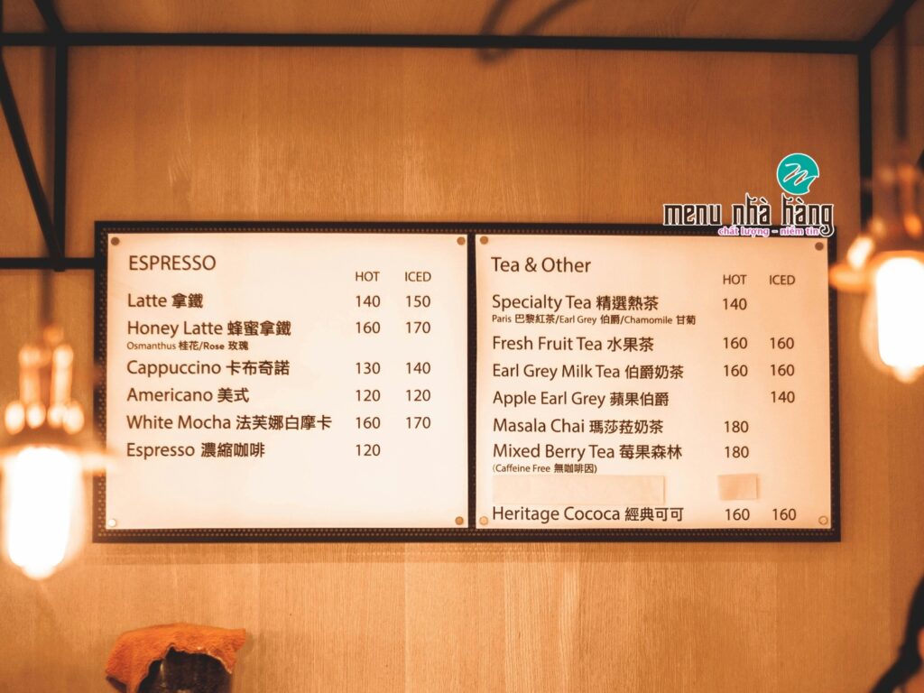 bảng menu quán cafe