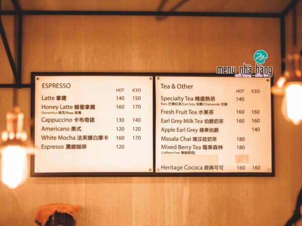 bảng menu quán cafe