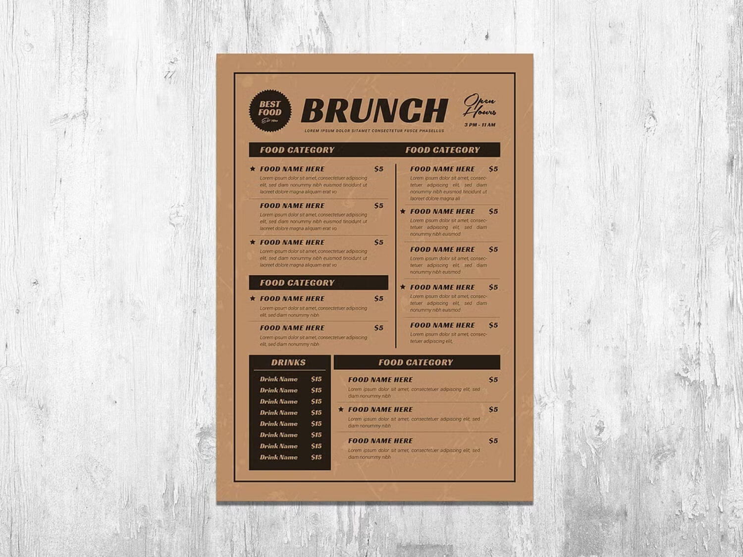 Menu giấy Kraft dạng tờ để bàn