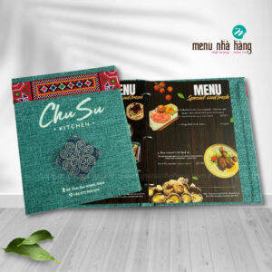Menu bìa vải logo in UV kết hợp hoạ tiết thêu, vải thổ cẩm nổi bật