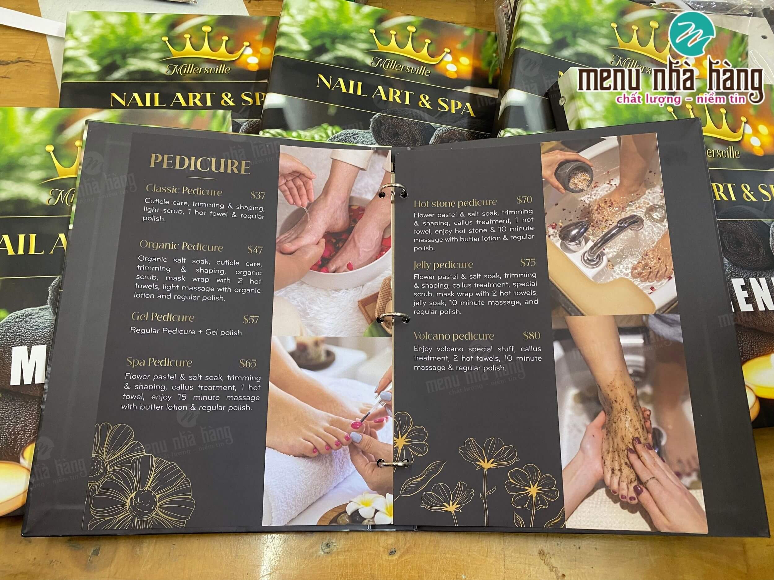 Menu cho tiệm nail sang trọng, gáy còng tiện lợi